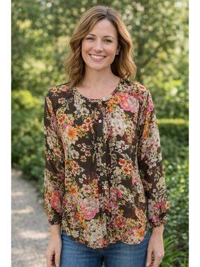 J. Jill size Small Pintuck pleated brown Floral Blouse Button front